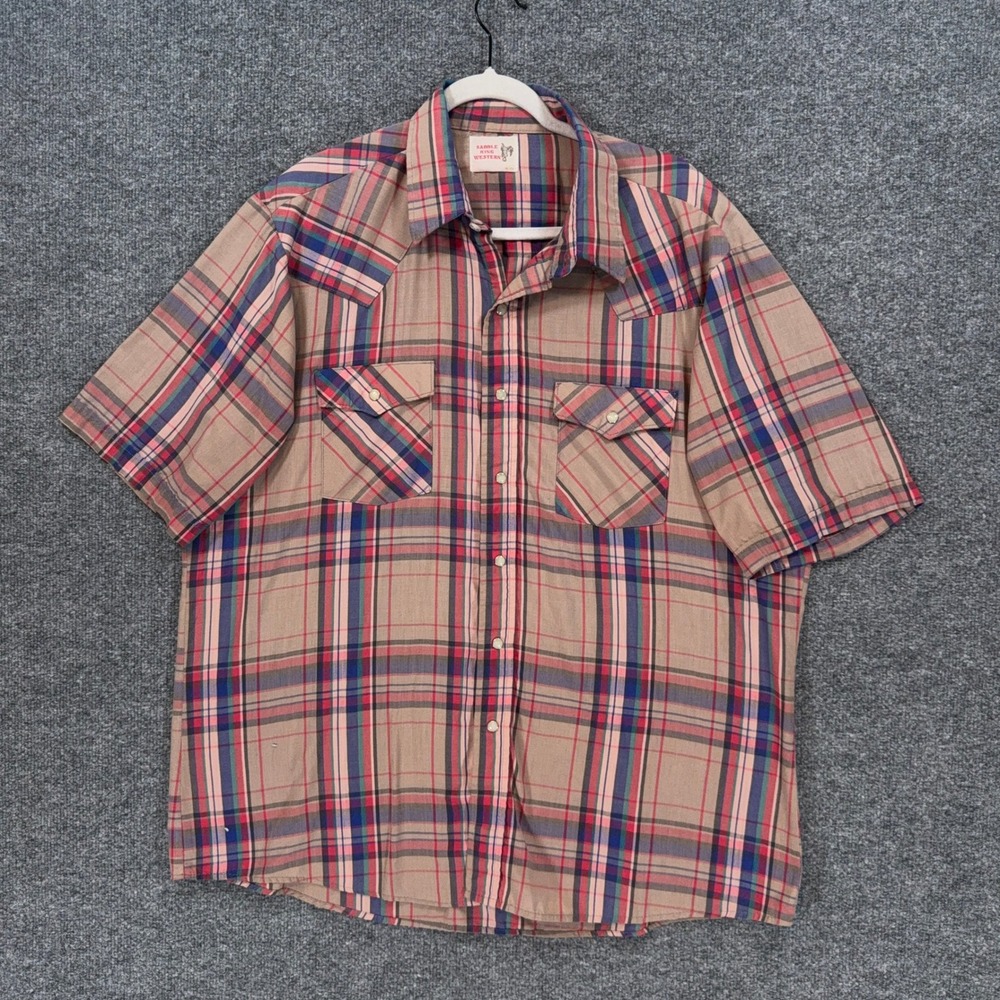 Saddle King Western Shirt Mens Large Tan Plaid Pearl Snap Cowboy Vintage